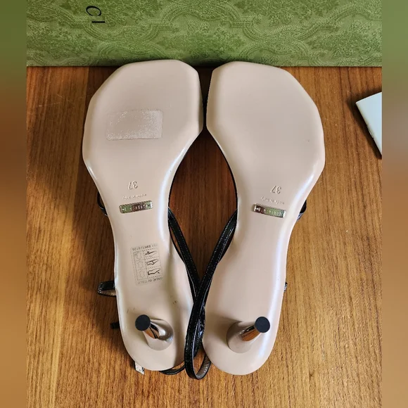 $850 Brand New 100% Auth Gucci Vitello Vernice Sandals Black Leather G 37 US 7 - Picture 7 of 14